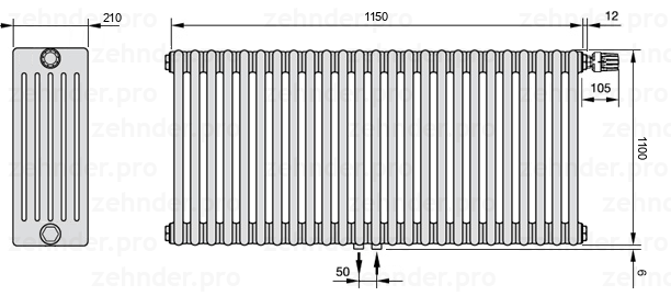 Схема (чертеж) Радиатор Zehnder Charleston 6110/25 №V008 Белый глянцевый RAL 9016